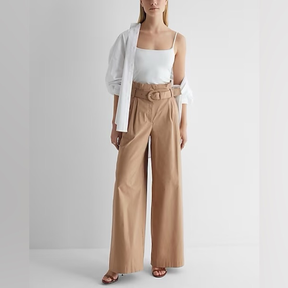 Super High Waisted Belted Paperbag Wide Leg Pant